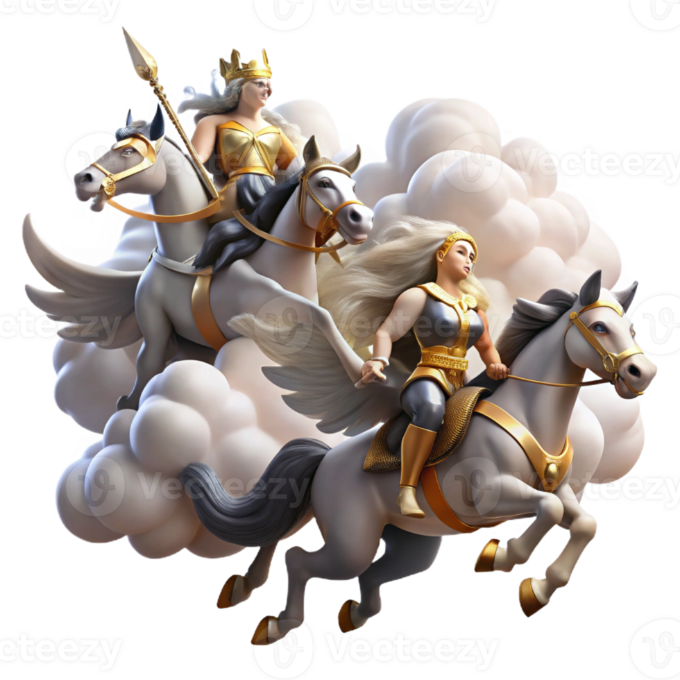 magnificent modern A group of Valkyries riding winged horses, carrying fallen warriors to Valhalla, dramatic sky with swirling clouds. Norse mythology style 4K png