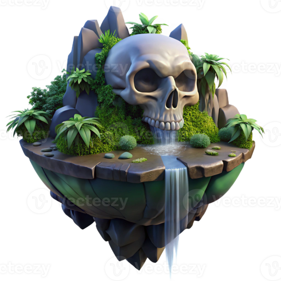 wonderful creative A floating island shaped like a human skull is covered in lush vegetation and waterfalls. Dark fantasy style, muted twilight lighting authentic png