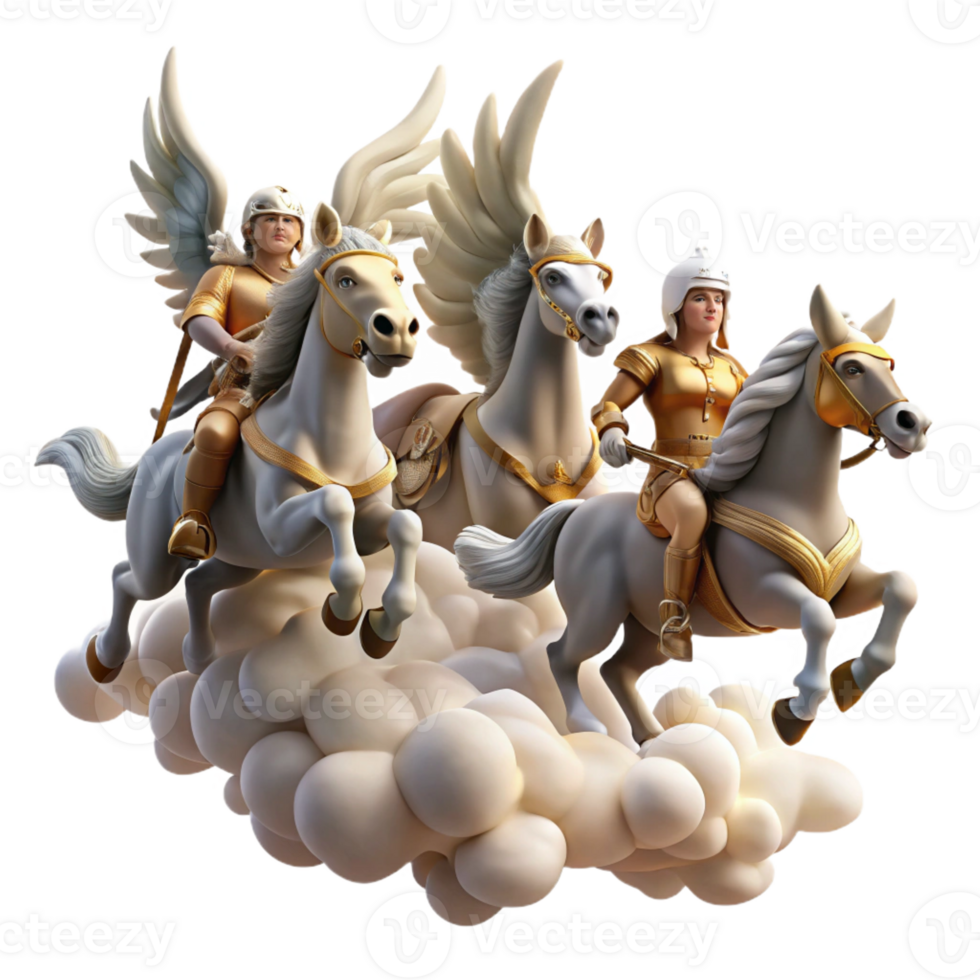 elegant classic A group of Valkyries riding winged horses, carrying fallen warriors to Valhalla, dramatic sky with swirling clouds. Norse mythology style professional png