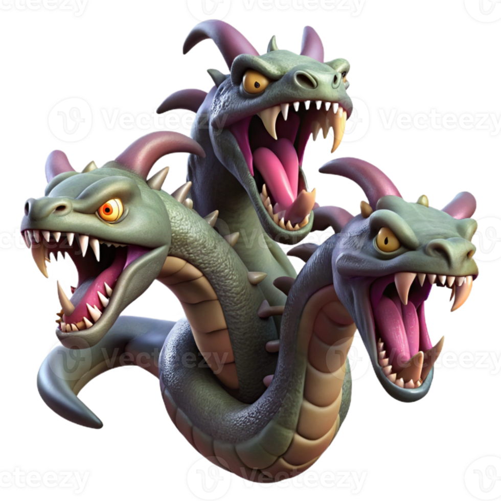 beautiful modern A fierce hydra, its multiple heads hissing and snapping, surrounded by a swampy landscape. Dark, moody lighting. Fantasy art style detailed png