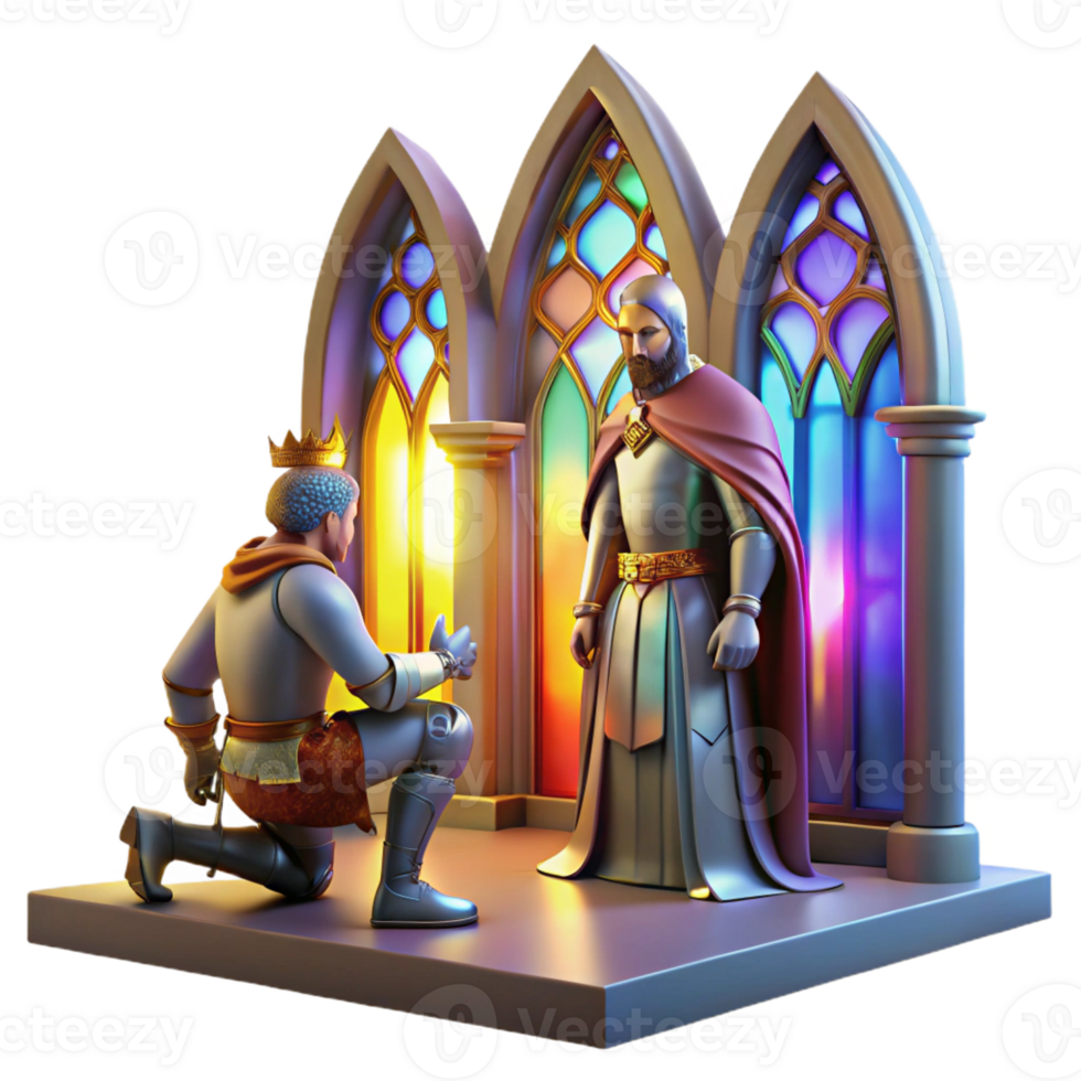 stunning artistic A medieval knight kneeling before a king in a grand, vaulted hall, stained-glass windows casting colorful light, detailed digital art style original png