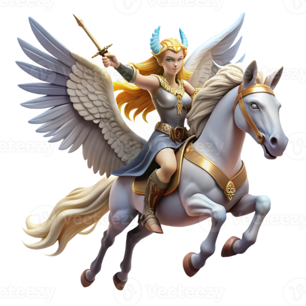 magnificent creative A graceful Valkyrie riding a winged horse, carrying a fallen warrior to Valhalla. Dramatic sky, dynamic pose. Romantic style premium png