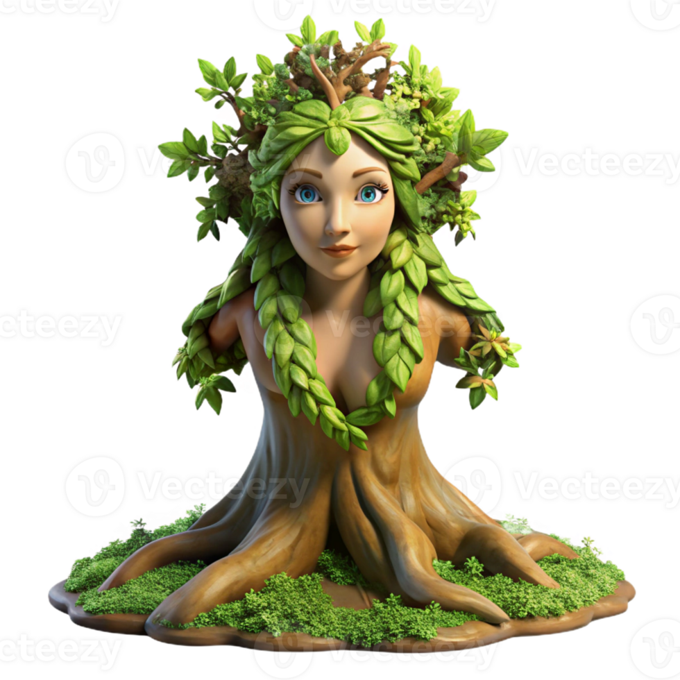stunning abstract A serene dryad emerging from an ancient oak tree, adorned with moss and vines, sunlight dappling through leaves. Hyperrealistic style professional png