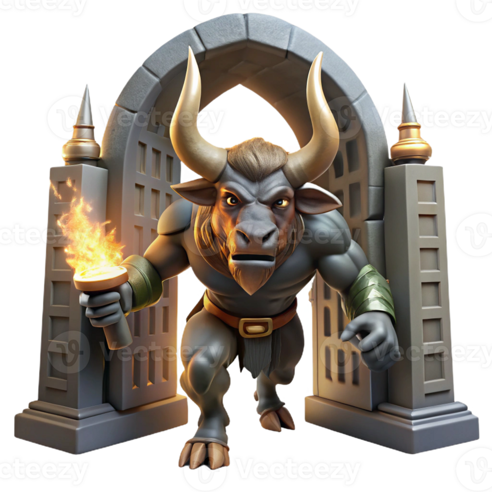 magnificent creative A powerful minotaur with intricately carved horns, charging through a labyrinthine corridor, lit by flickering torches, in a gritty realism style detailed png