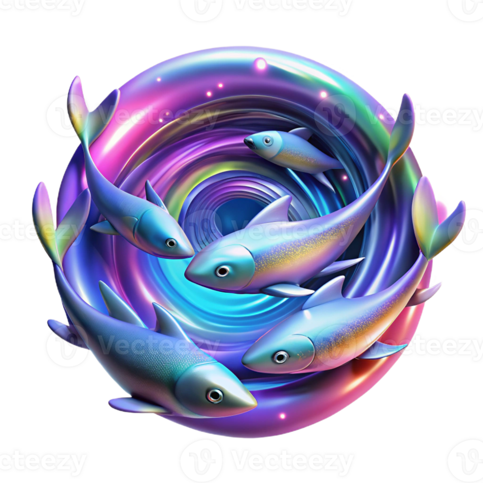 elegant traditional A school of iridescent fish swimming through a vortex of liquid light, with trails of neon stardust, Psychedelic Pop Art style genuine png