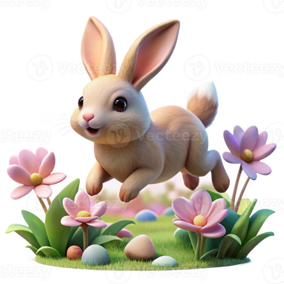 impressive rustic A fluffy rabbit hopping through a field of flowers, soft pastel colors with bokeh effect, whimsical children's book illustration style original png