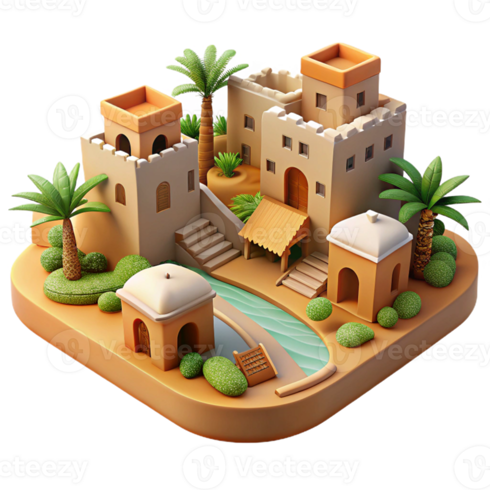 elegant minimalist Desert oasis village, mud-brick buildings, palm trees, vibrant textiles, warm sunlight, Middle Eastern architecture authentic png