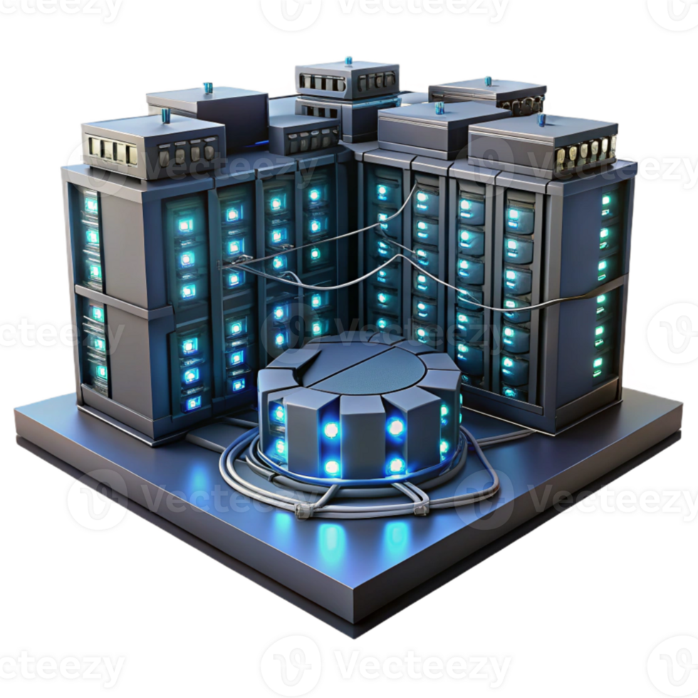wonderful artistic A server room filled with blinking lights and cables, complex network infrastructure, dark environment, realistic style 4K png