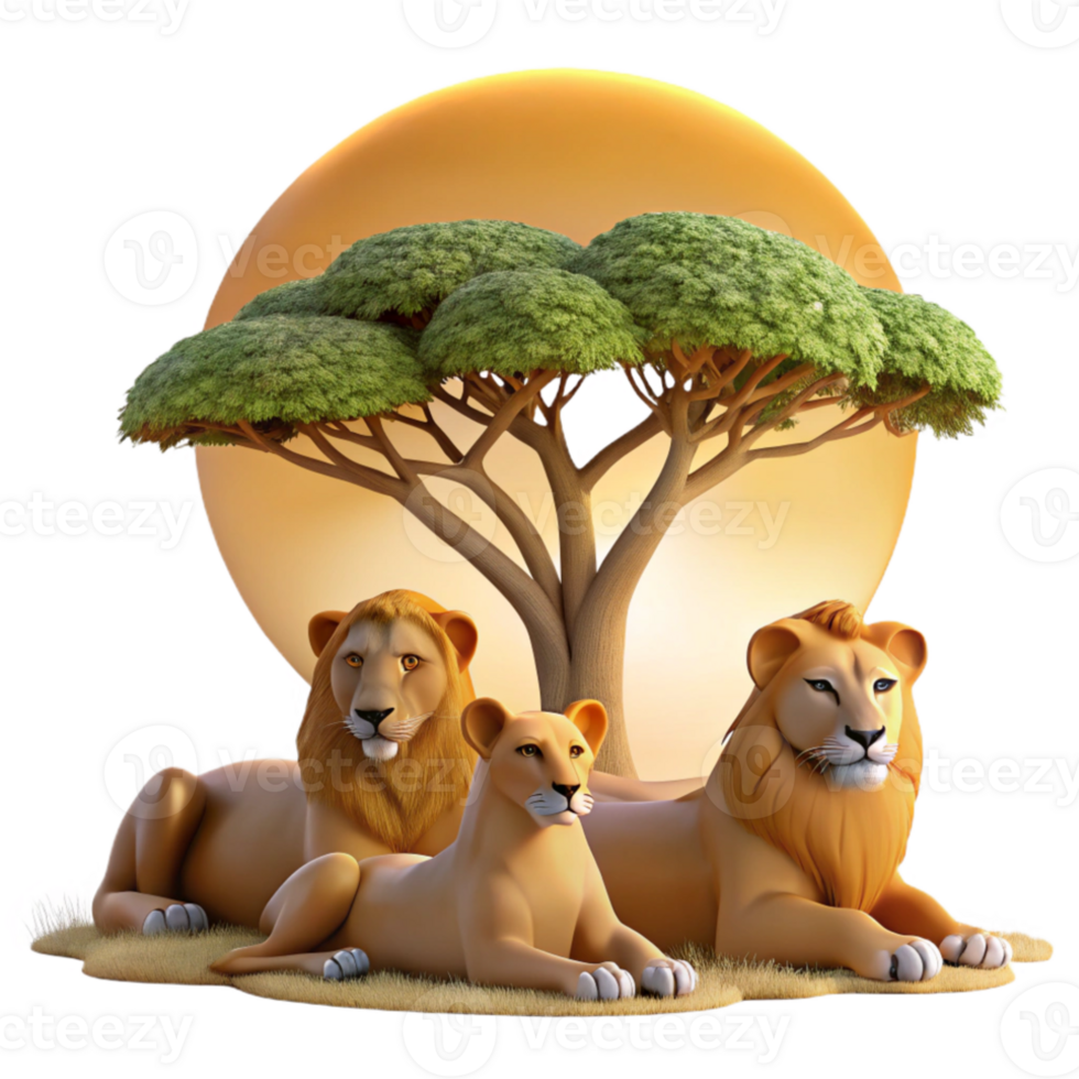 wonderful contemporary A majestic lion pride resting in the shade of an acacia tree, under the warm African sun, in a regal, wildlife photography style genuine png