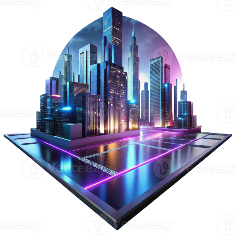 vibrant creative A futuristic cityscape reflected in a rain-slicked street, neon lights blurring in the reflection, cyberpunk style, photorealistic detailed png