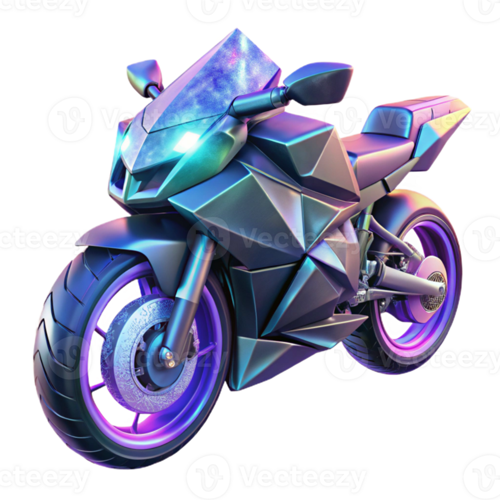 stunning abstract A futuristic motorcycle, with glowing neon accents and sharp angles, speeds through a digital landscape of fractured polygons. Cyberpunk style premium png