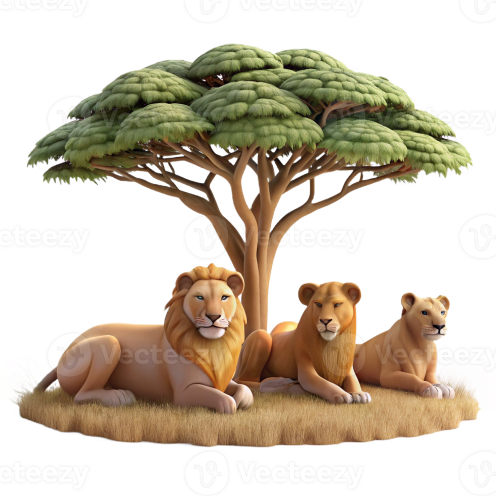 magnificent artistic A pride of lions resting under the shade of an acacia tree on the African savanna, bathed in warm afternoon light, in a photorealistic style exclusive png