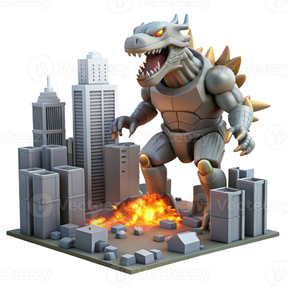 serene contemporary A giant robot battling a giant monster in a futuristic city, buildings crumbling around them, explosions and fire illuminating the scene. Kaiju style premium png