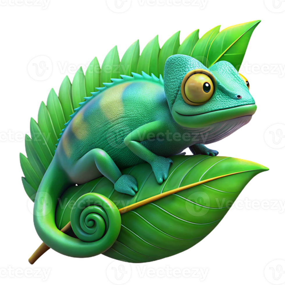 stunning creative A chameleon perched on a bright green leaf, its skin a mosaic of vibrant colors, in a nature documentary style high resolution png