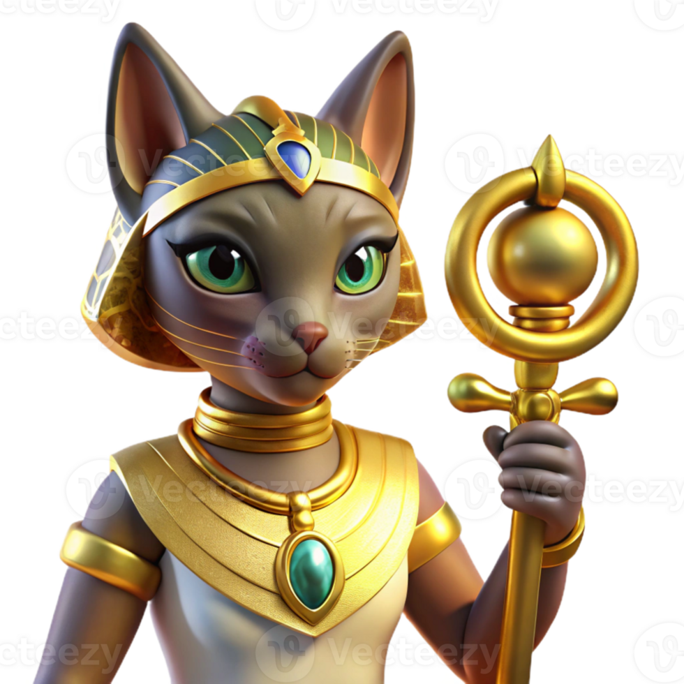 elegant contemporary A regal Egyptian goddess Bastet, with the head of a cat, adorned in gold jewelry, holding a jeweled ankh, lit by soft sunlight. Ancient Egyptian art style detailed png
