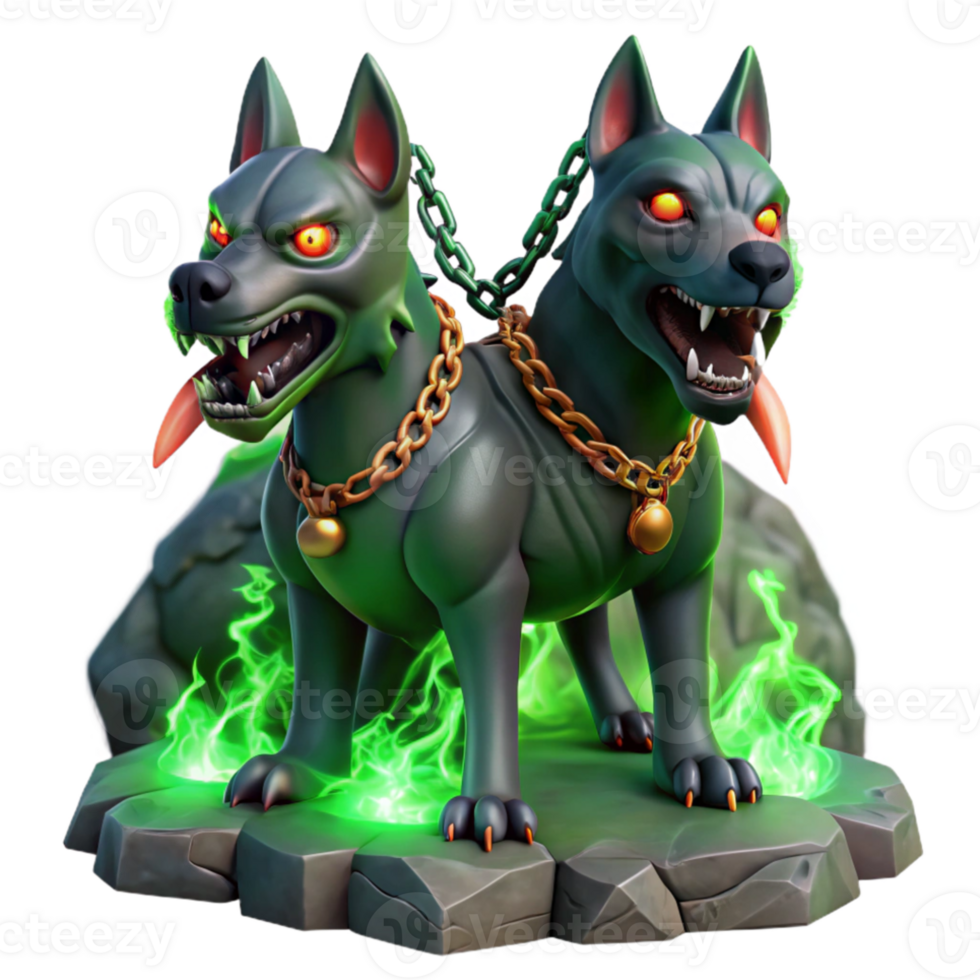 wonderful rustic Cerberus, the three-headed hound of Hades, with glowing red eyes and dripping saliva, chained to a obsidian rock, dimly lit by flickering green flames. Dark fantasy style original png