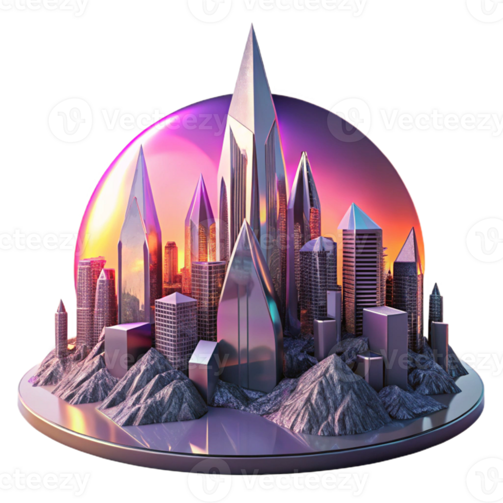 impressive abstract A futuristic city, constructed of towering crystalline structures, reflects a vibrant sunset in a shattered, mirrored sky. Synthwave style premium png