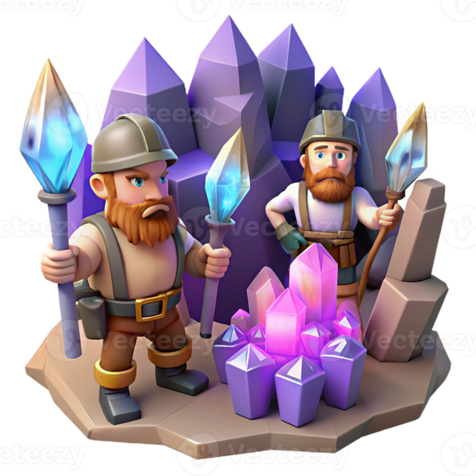 stunning traditional A group of adventurous dwarves mining for gems in a cavern, glowing crystals, fantasy art original png
