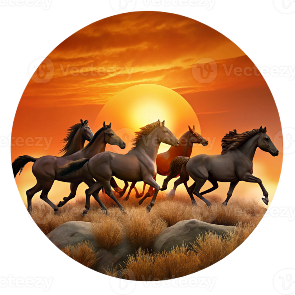 vibrant modern A herd of wild mustangs galloping across a vast, open plain, silhouetted against a fiery sunset, in a dynamic, western art style detailed png