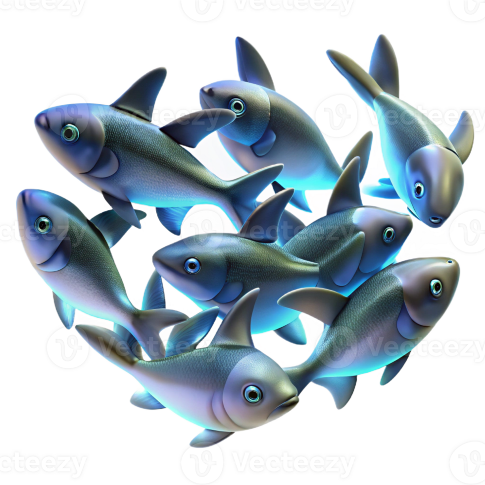 impressive contemporary A school of bioluminescent fish swimming in a synchronized pattern, mesmerizing, abstract style high quality png