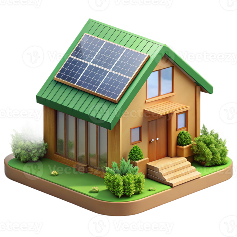 wonderful vintage Sustainable eco-house, solar panels, green roof, wooden facade, sunny day lighting, architectural visualization authentic png