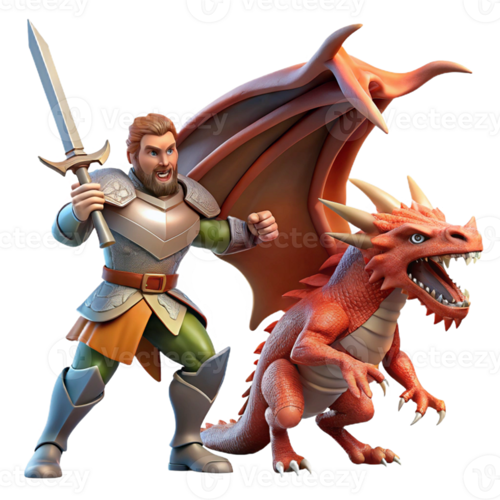 wonderful rustic A noble knight battling a fearsome dragon, his sword raised in defiance. Dynamic action scene, dramatic lighting. Fantasy art style authentic png
