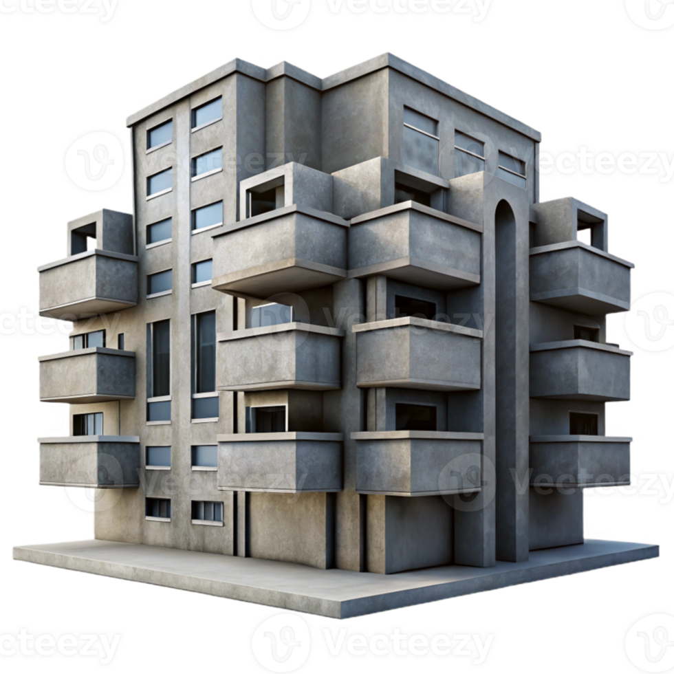 magnificent vintage Brutalism-style concrete apartment complex, overcast lighting, stark shadows, photorealistic rendering, worm's-eye view premium png