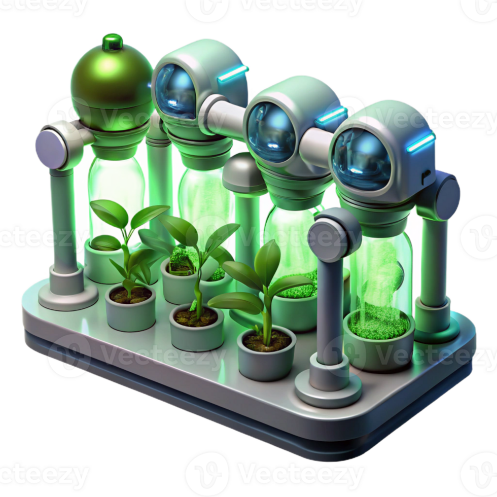 vibrant contemporary A group of robots tending to a futuristic hydroponic farm, glowing plants growing in vertical rows, bathed in the green light of the grow lamps. Biopunk style authentic png