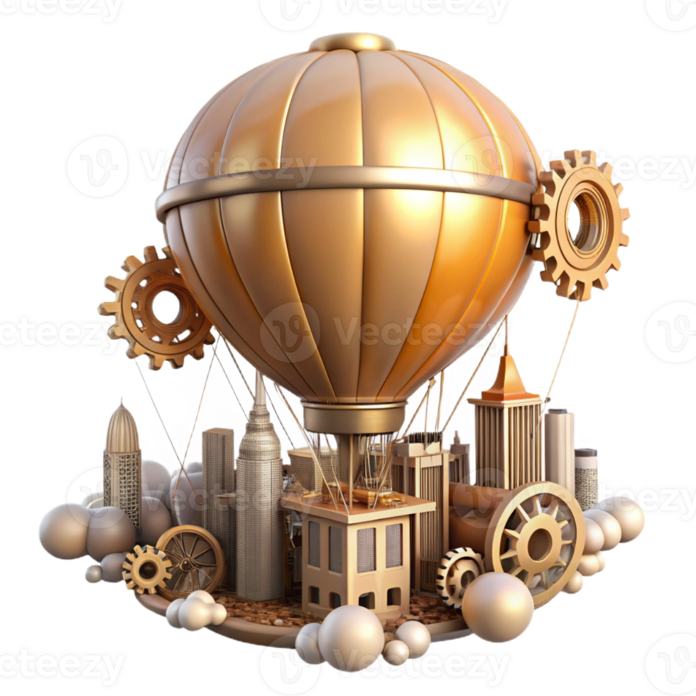 wonderful minimalist A steampunk hot air balloon rising above a cityscape of cogs and gears. Warm, vibrant lighting. Fantasy art style exclusive png
