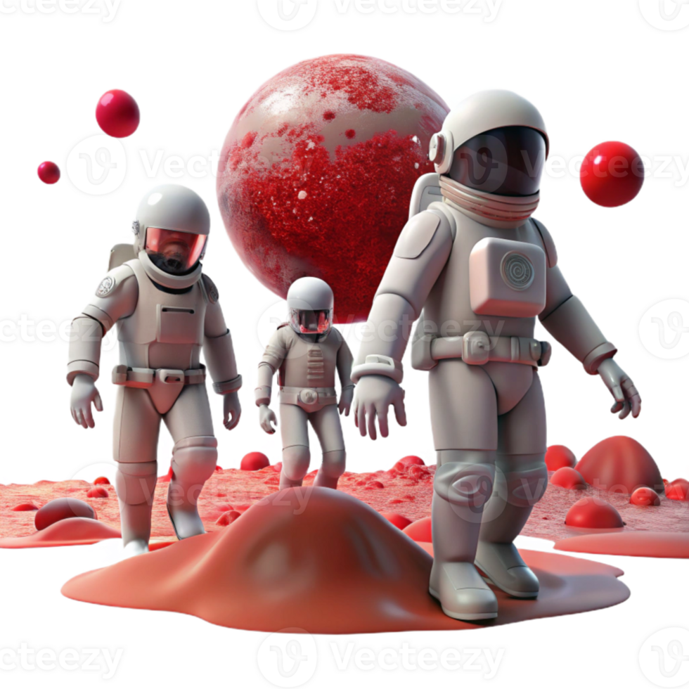serene modern A group of space explorers in sleek, white spacesuits, exploring a desolate alien planet, red dust swirling around them, dramatic backlighting, cinematic style 4K png