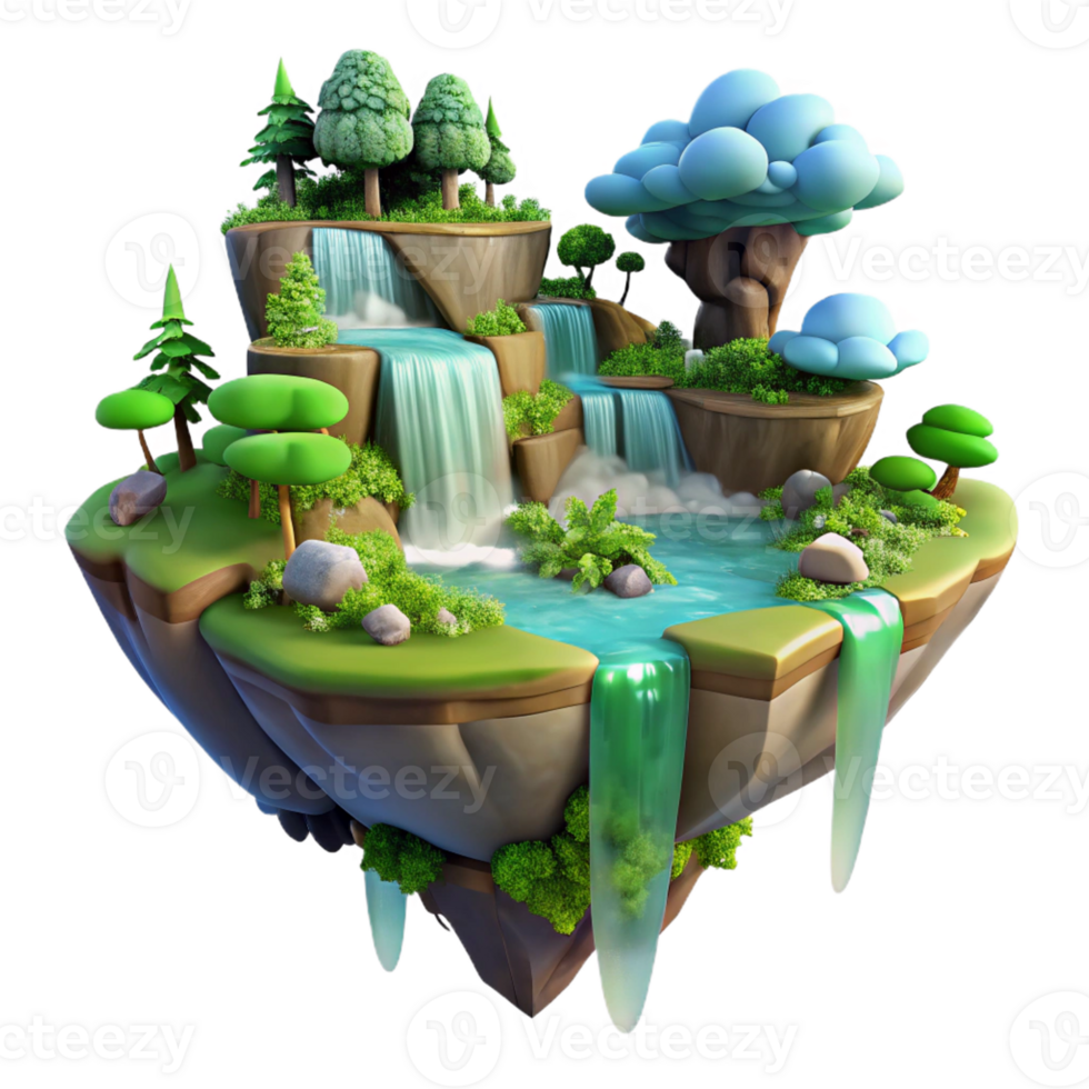 impressive abstract A floating island with waterfalls cascading down its sides, lush vegetation, vibrant, dreamlike atmosphere. Surreal style original png