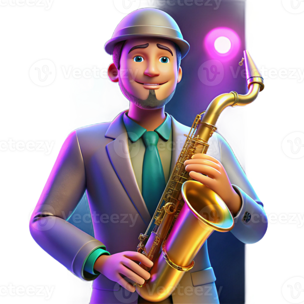 vibrant modern Portrait of a charismatic musician with a saxophone, lit by colorful stage lighting, in a pop art style high quality png