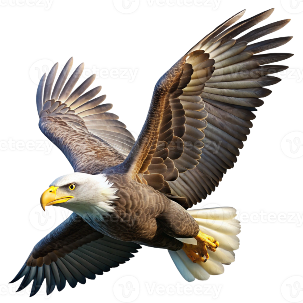 stunning abstract A majestic bald eagle soaring through the sky, detailed feathers, bright sunlight, wildlife photography style 4K png