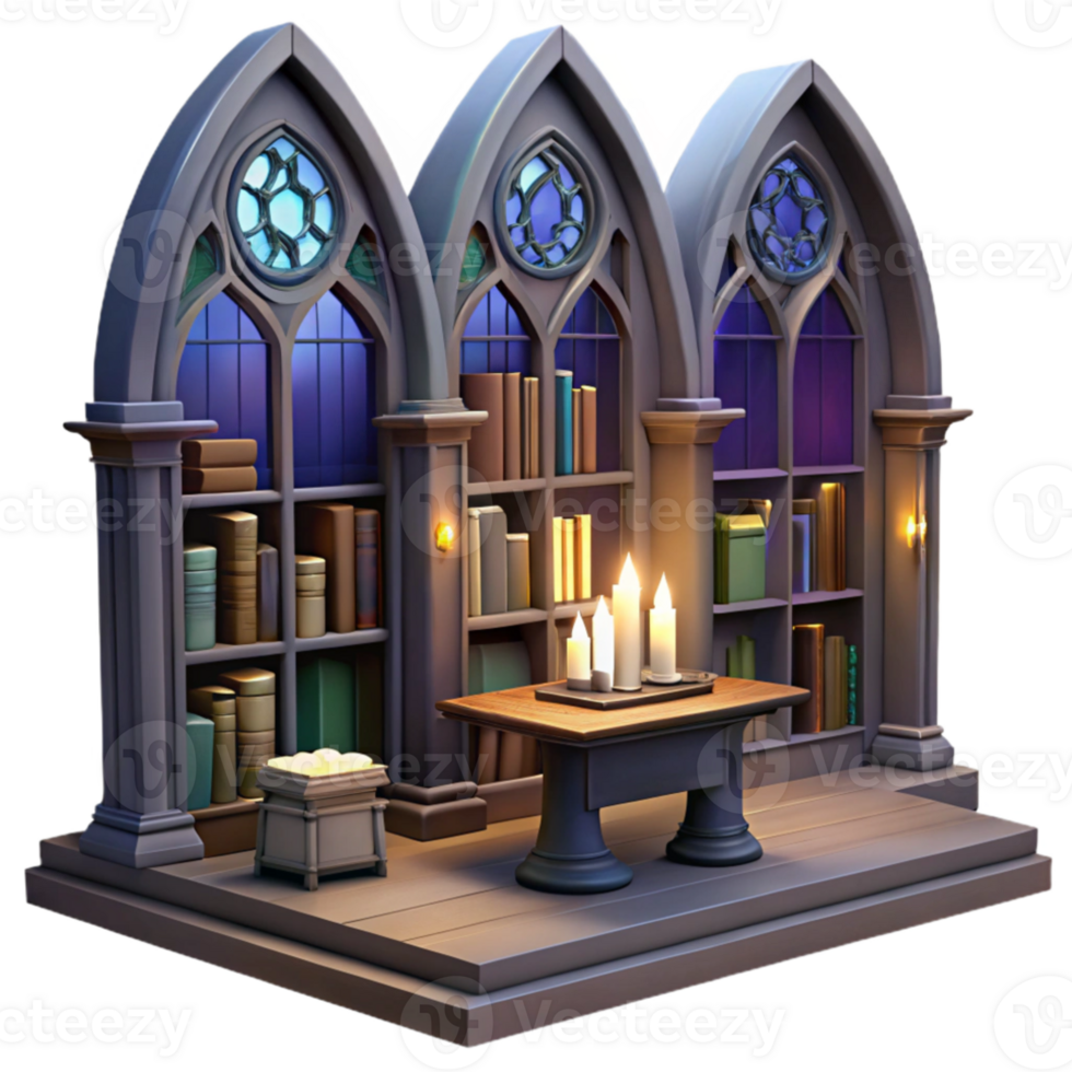 serene abstract Gothic library interior, tall bookshelves, stained glass windows, dark wood furniture, mysterious atmosphere detailed png