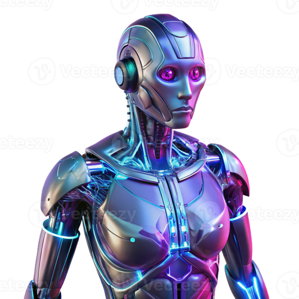 wonderful abstract A futuristic, humanoid robot with translucent panels revealing complex inner workings, bathed in pulsating neon light, in a cyberpunk style authentic png