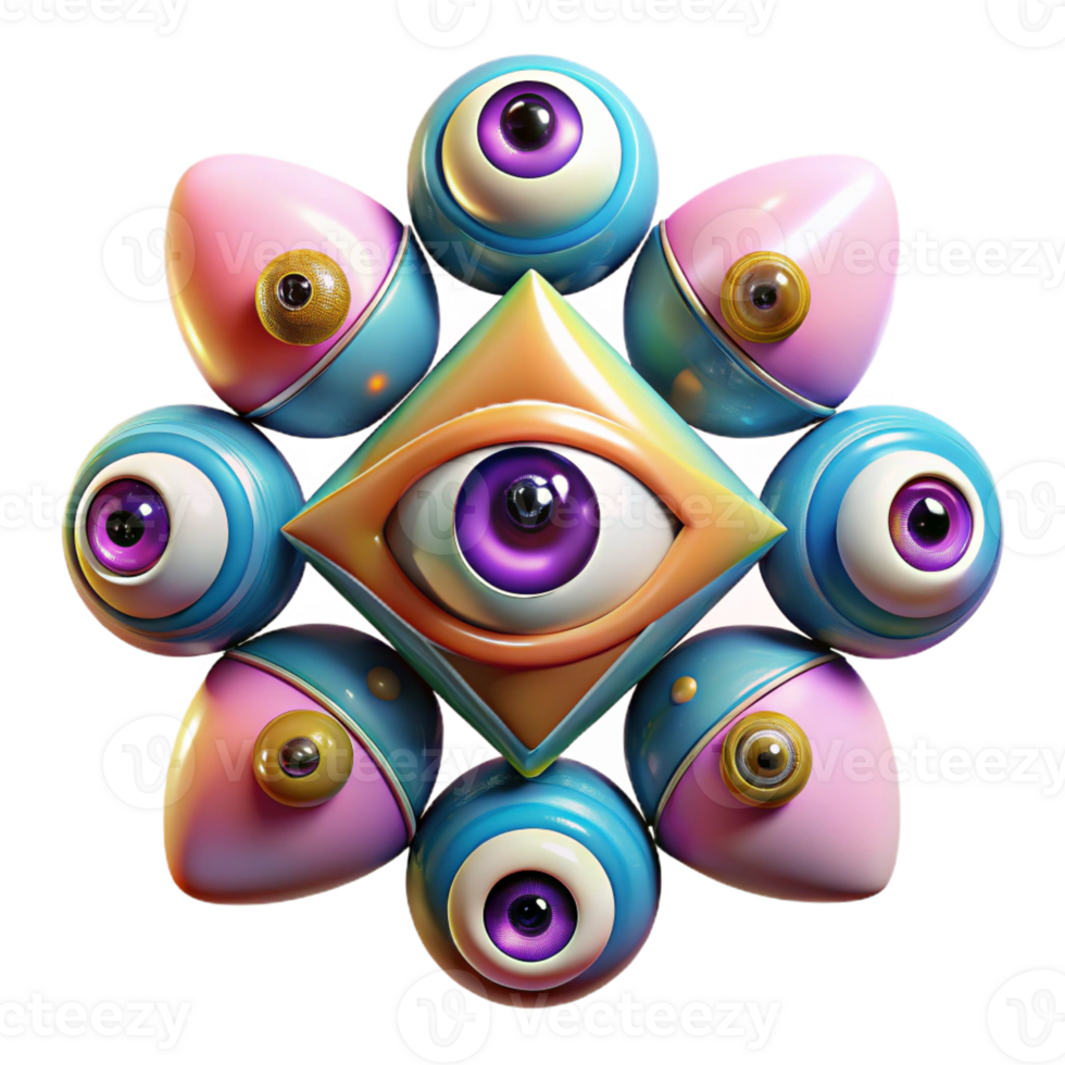 vibrant vintage A kaleidoscope of eyes looking in different directions, surrounded by vibrant geometric patterns, in an abstract art style, original png
