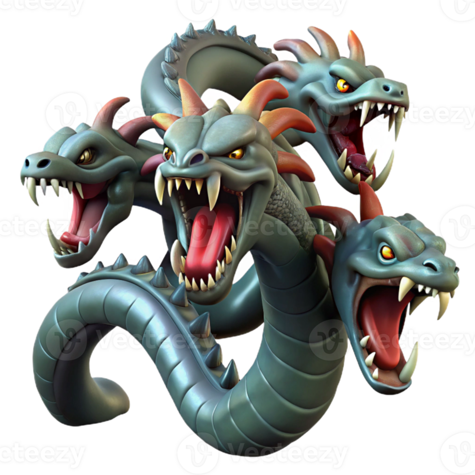 magnificent classic A fierce hydra, its multiple heads hissing and snapping, surrounded by a swampy landscape. Dark, moody lighting. Fantasy art style 4K png