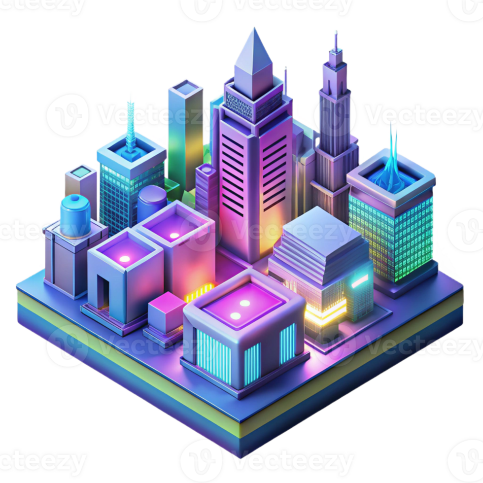 serene abstract Isometric projection of a futuristic city, vibrant neon colors, intricate details, dynamic perspective high quality png
