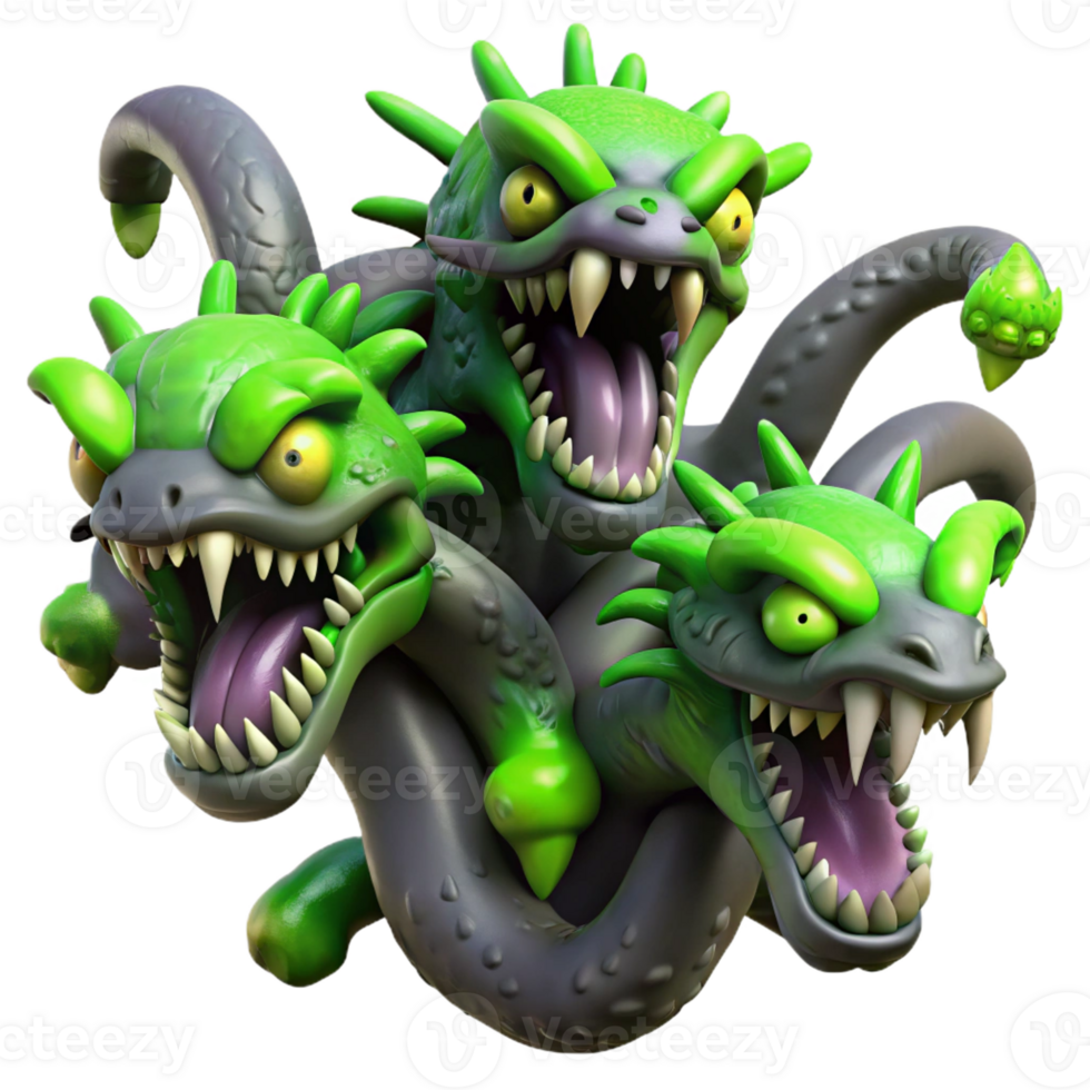 wonderful rustic A powerful hydra with multiple heads, each spewing venomous green fumes, dark, stormy background. Dark fantasy style premium png