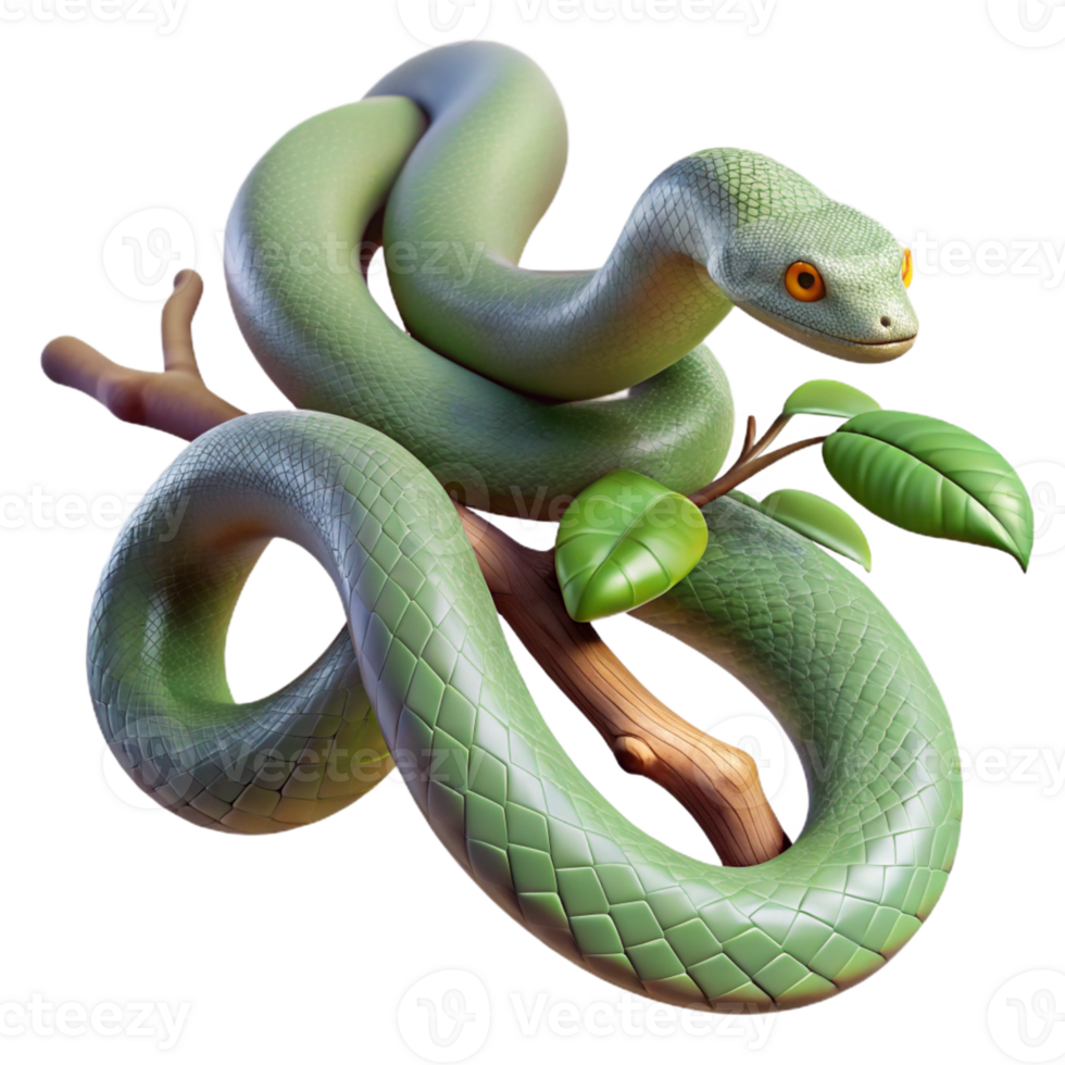 magnificent rustic A slithering snake coiled around a branch, jungle setting with dappled light, realistic reptile rendering style authentic png