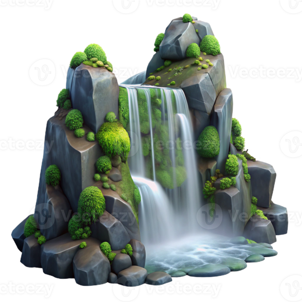 elegant rustic Waterfall cascading down moss-covered rocks, misty atmosphere, tranquil, nature photography, original png