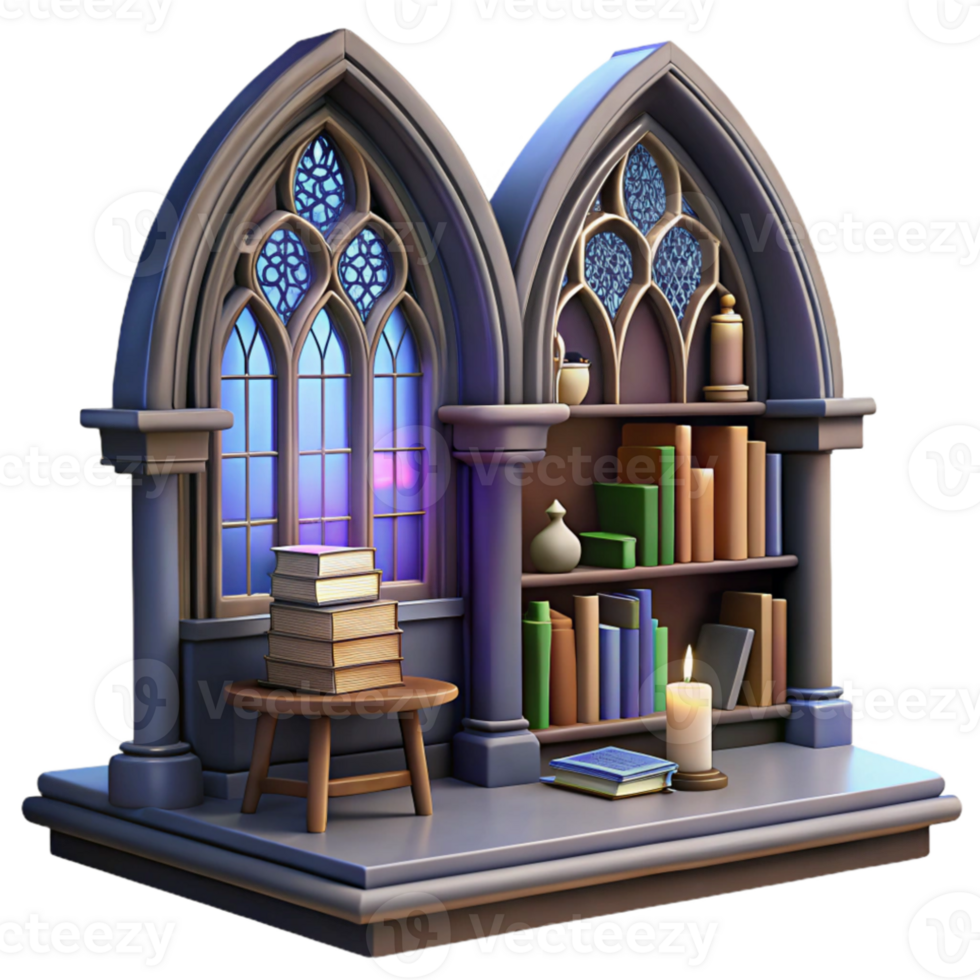 extraordinary rustic Gothic library interior, tall bookshelves, stained glass windows, dark wood furniture, mysterious atmosphere premium png
