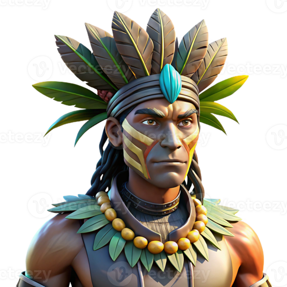 beautiful classic Portrait of a tribal warrior with vibrant body paint and feathered headdress, lit by dappled sunlight filtering through a forest canopy, in a realistic style high resolution png