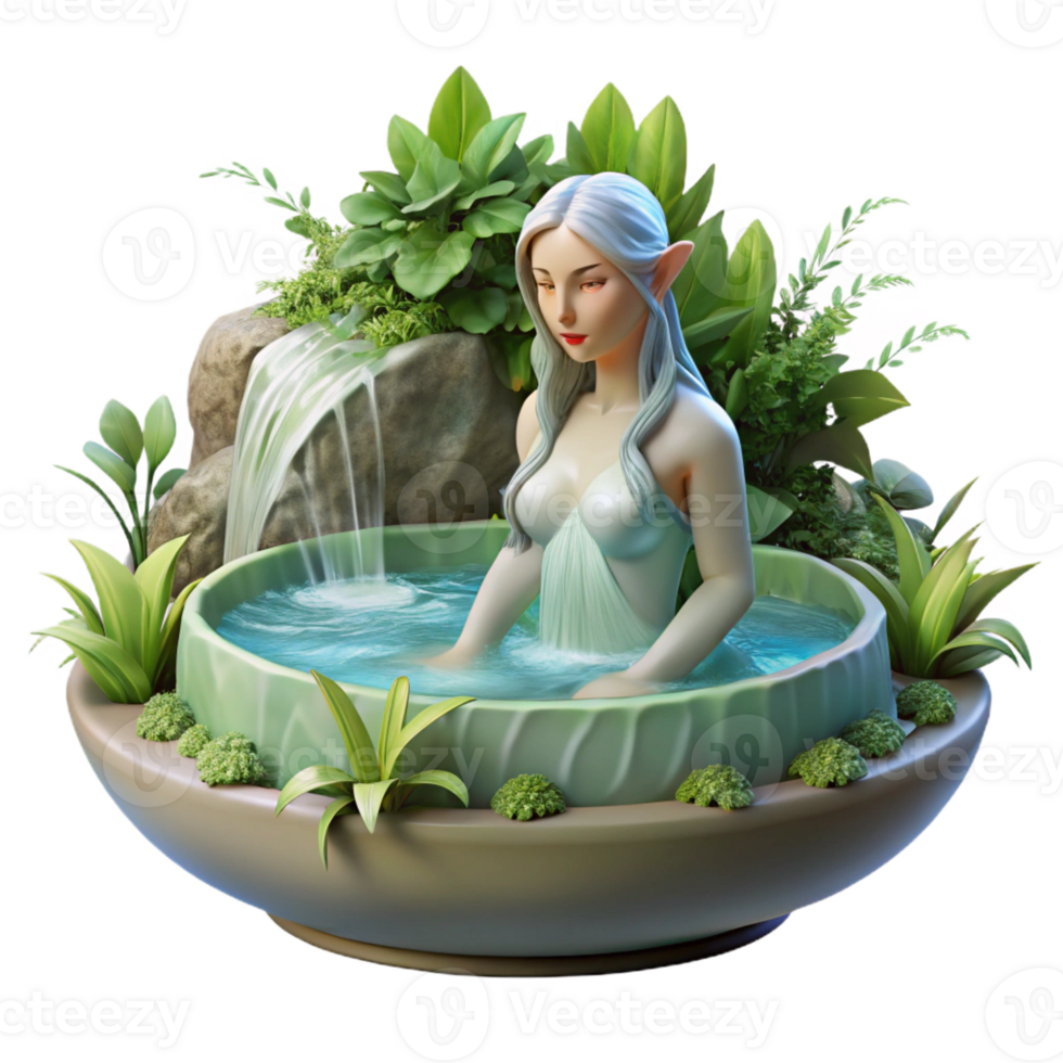 wonderful contemporary A graceful nymph bathing in a crystal-clear waterfall, surrounded by lush foliage, lit by dappled sunlight, in a Renaissance painting style high resolution png