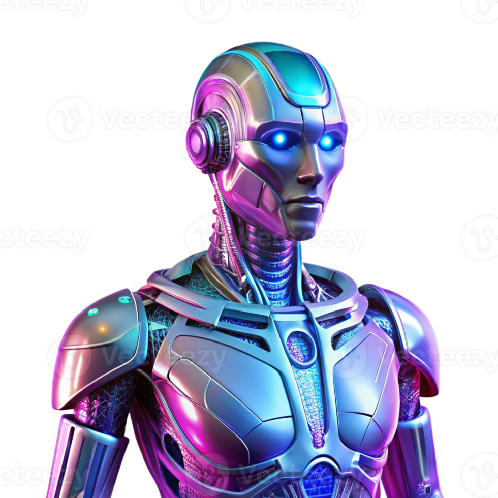 vibrant rustic A futuristic, humanoid robot with translucent panels revealing complex inner workings, bathed in pulsating neon light, in a cyberpunk style genuine png