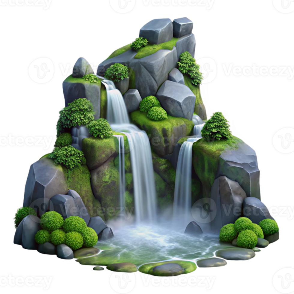 elegant contemporary Waterfall cascading down moss-covered rocks, misty atmosphere, tranquil, nature photography, premium png