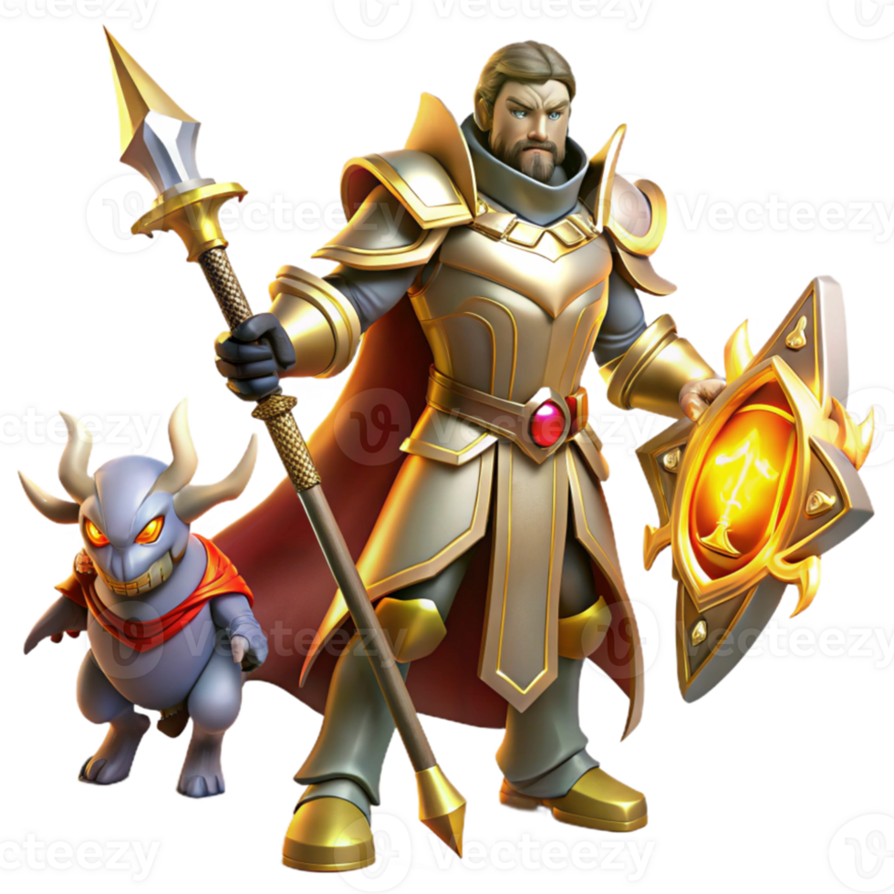 impressive rustic A valiant paladin with shining armor and a holy symbol, battling a demonic creature. Dramatic lighting, heroic fantasy style professional png