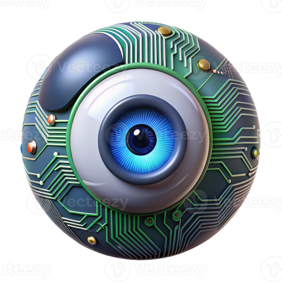 impressive contemporary A bionic eye zoomed in on a circuit board, detailed textures, realistic lighting, cyberpunk aesthetic original png