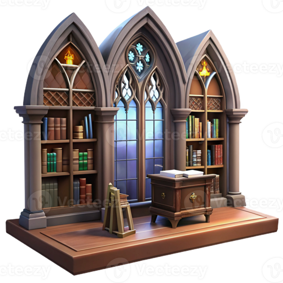 extraordinary minimalist Gothic library interior, tall bookshelves, stained glass windows, dark wood furniture, mysterious atmosphere 4K png