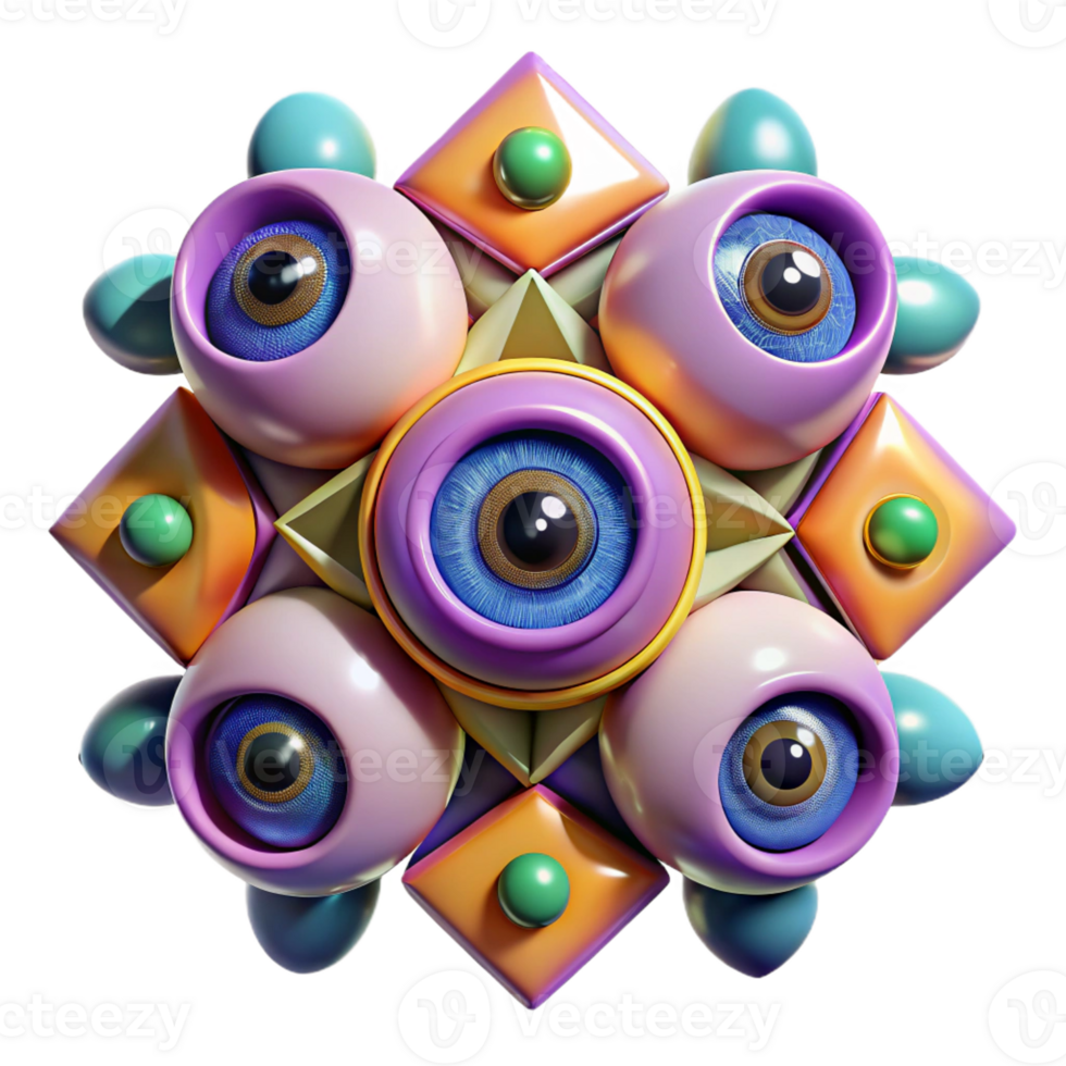 beautiful minimalist A kaleidoscope of eyes looking in different directions, surrounded by vibrant geometric patterns, in an abstract art style, high resolution png